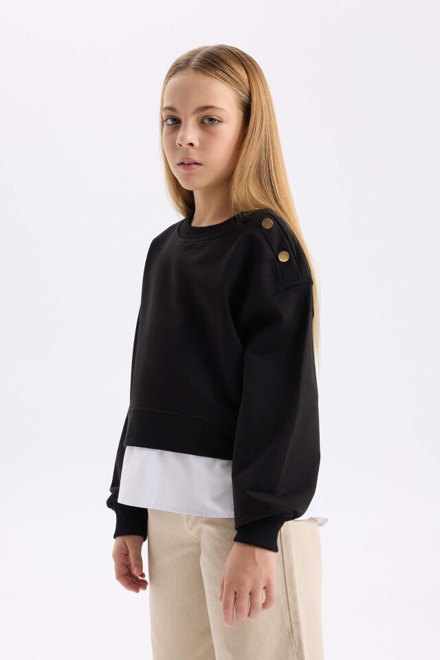 Kız Çocuk Relax Fit Bisiklet Yaka Etek Ucu Detaylı Sweatshirt