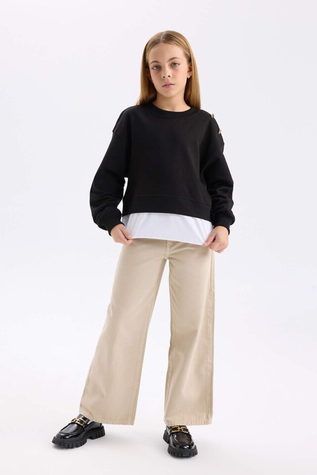 Kız Çocuk Relax Fit Bisiklet Yaka Etek Ucu Detaylı Sweatshirt