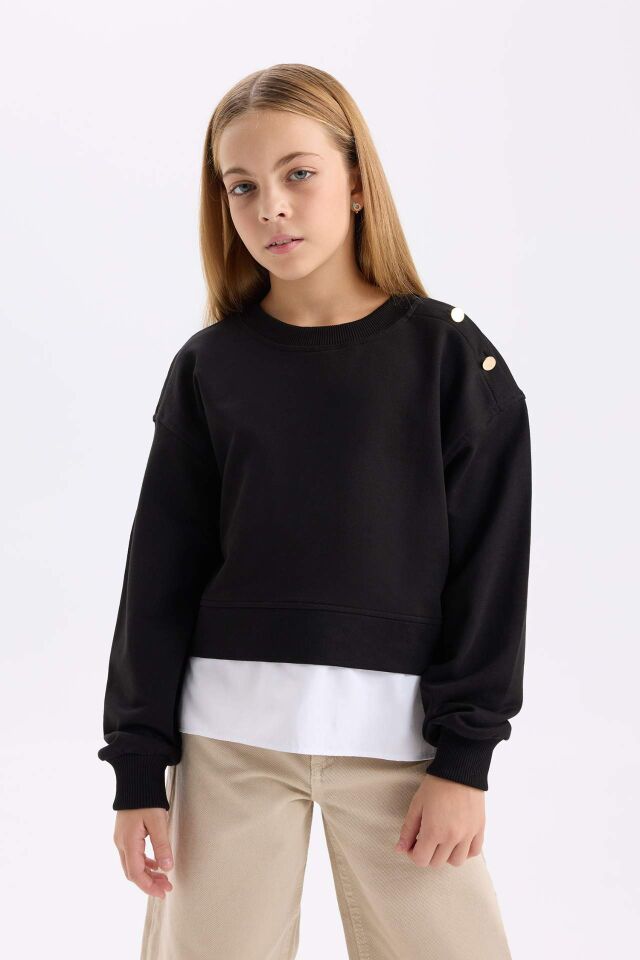 Kız Çocuk Relax Fit Bisiklet Yaka Etek Ucu Detaylı Sweatshirt