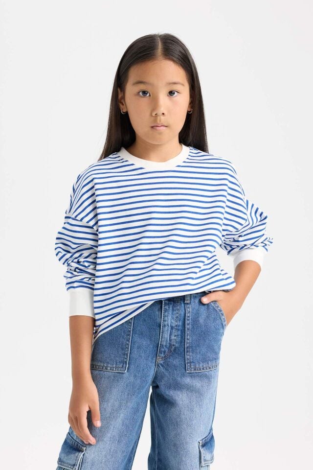 Kız Çocuk Relax Fit Bisiklet Yaka Çizgili Sweatshirt