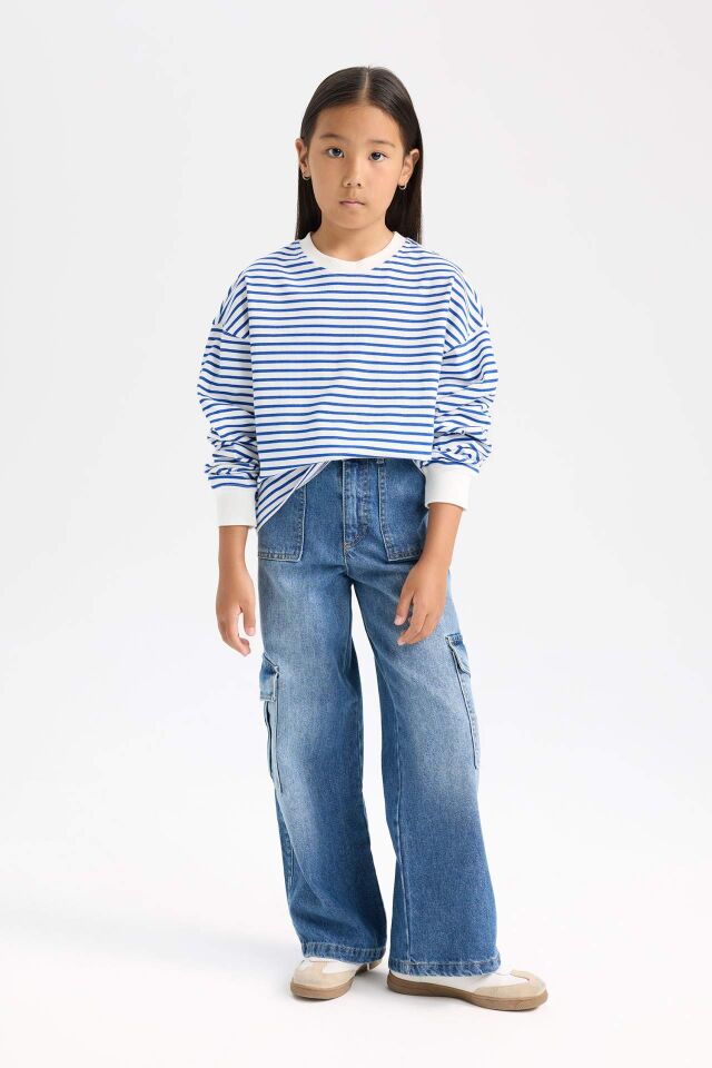 Kız Çocuk Relax Fit Bisiklet Yaka Çizgili Sweatshirt