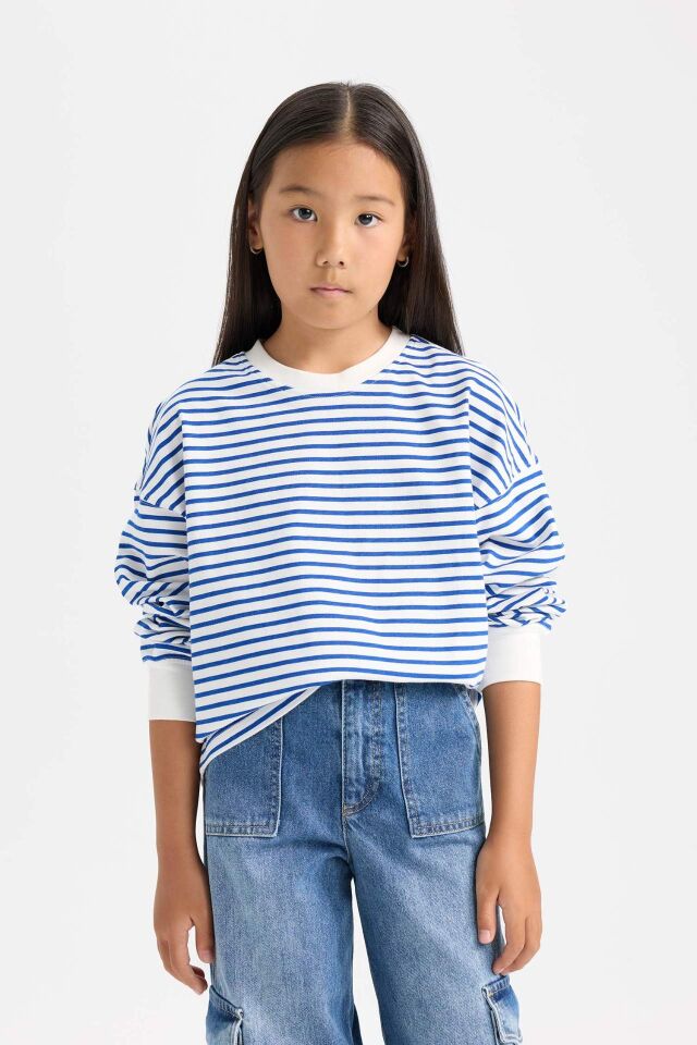 Kız Çocuk Relax Fit Bisiklet Yaka Çizgili Sweatshirt %100 Pamuk