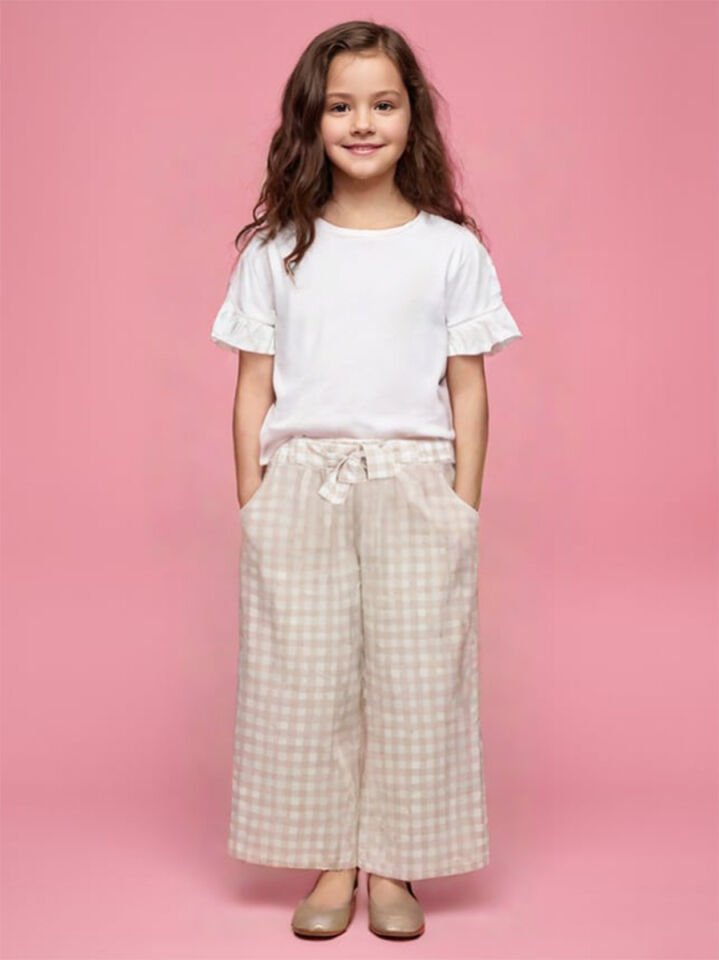 Diyohen Bej Ekoseli Kız Çocuk Pantolon 7-8Y - Bej