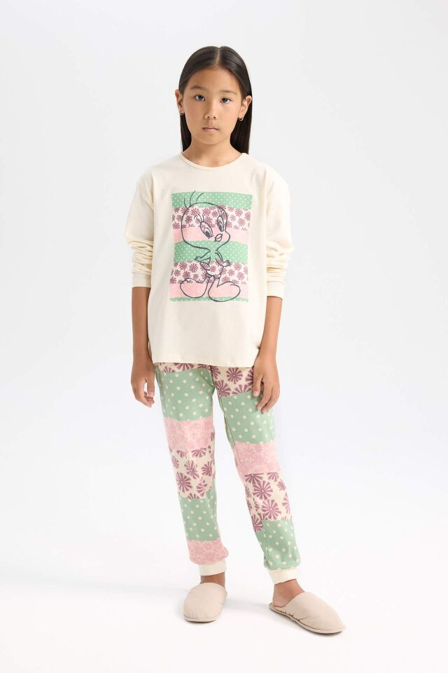Kız Çocuk Looney Tunes Pijama Takımı Uzun Kollu Üst Beli Lastikli Uzun Alt