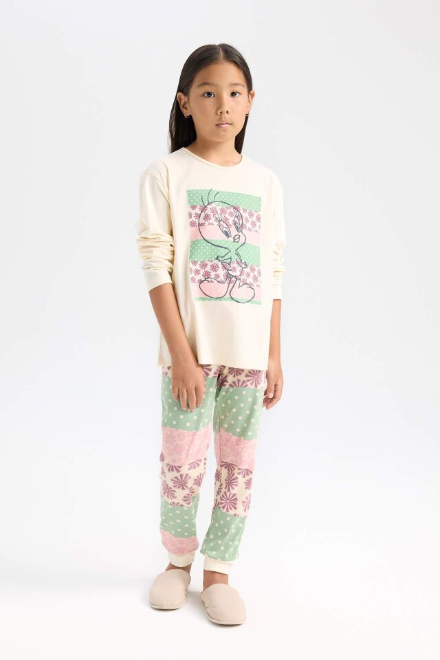 Kız Çocuk Looney Tunes Pijama Takımı Uzun Kollu Üst Beli Lastikli Uzun Alt