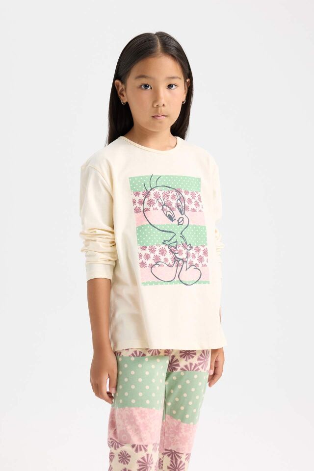 Kız Çocuk Looney Tunes Pijama Takımı Uzun Kollu Üst Beli Lastikli Uzun Alt