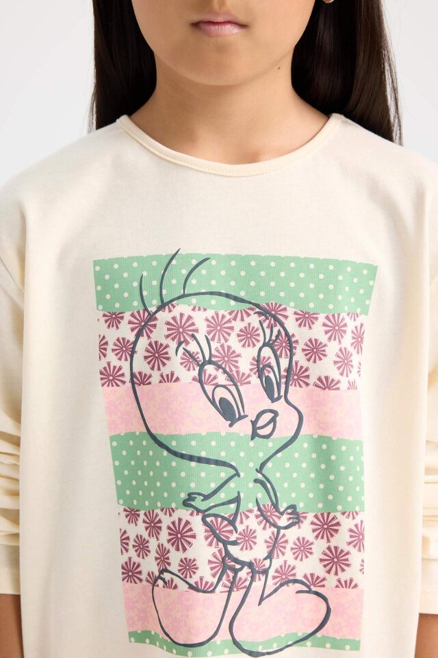 Kız Çocuk Looney Tunes Pijama Takımı Uzun Kollu Üst Beli Lastikli Uzun Alt