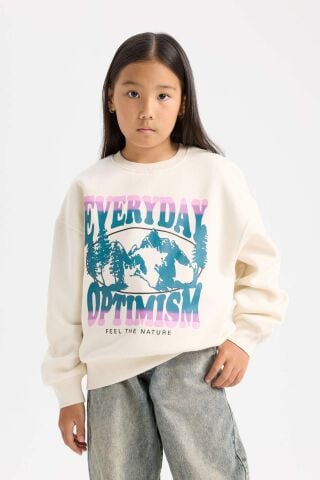 Kız Çocuk Relax Fit Bisiklet Yaka Baskılı Sweatshirt