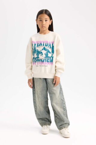 Kız Çocuk Relax Fit Bisiklet Yaka Baskılı Sweatshirt