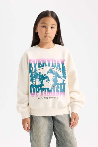 Kız Çocuk Relax Fit Bisiklet Yaka Baskılı Sweatshirt