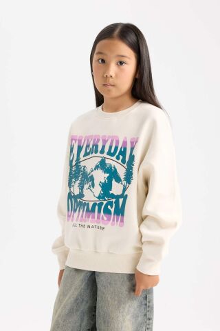 Kız Çocuk Relax Fit Bisiklet Yaka Baskılı Sweatshirt