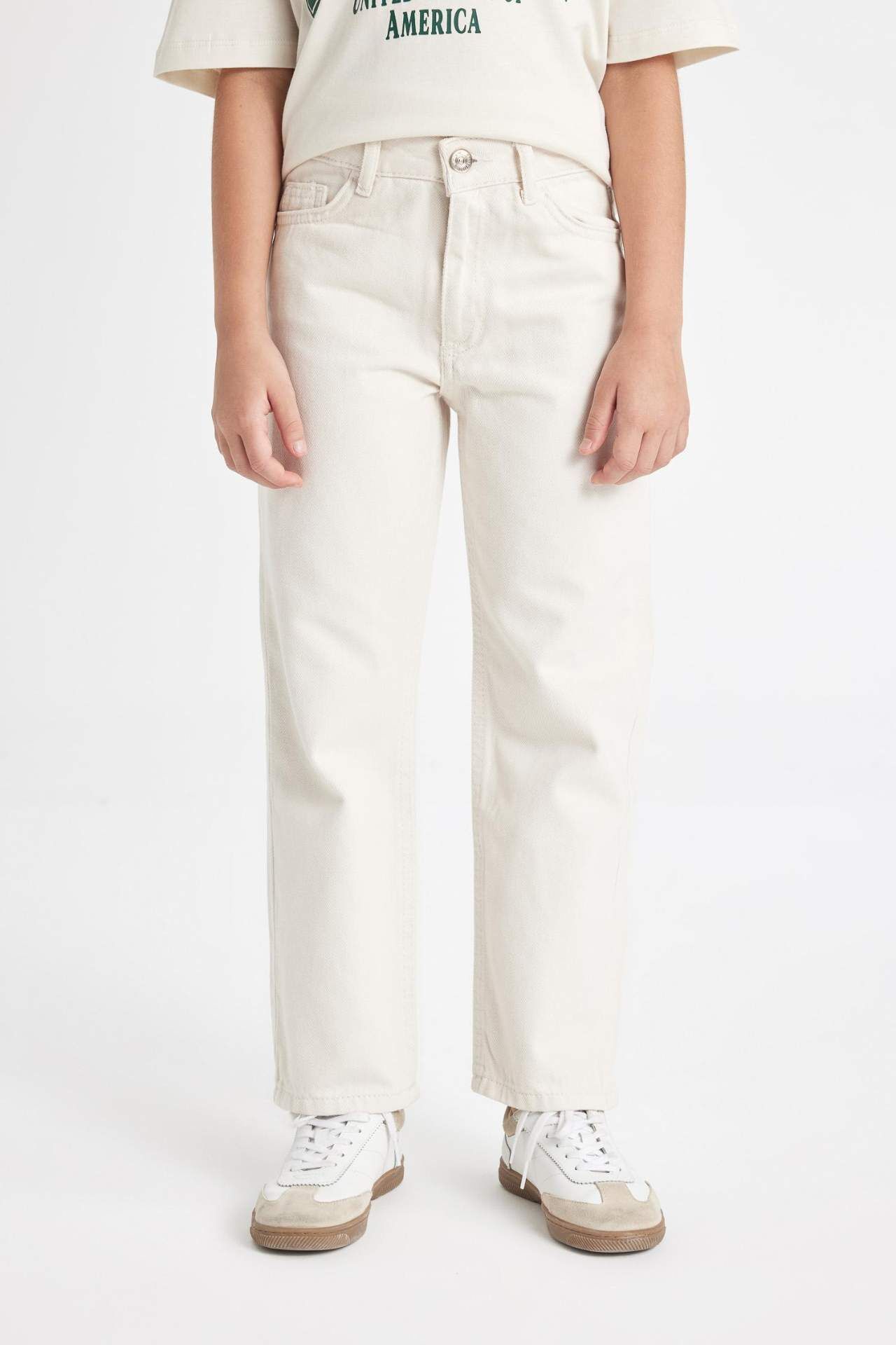 Kız Çocuk Straight Fit Geniş Bol Paça Cepli Pamuklu Bej Pantolon