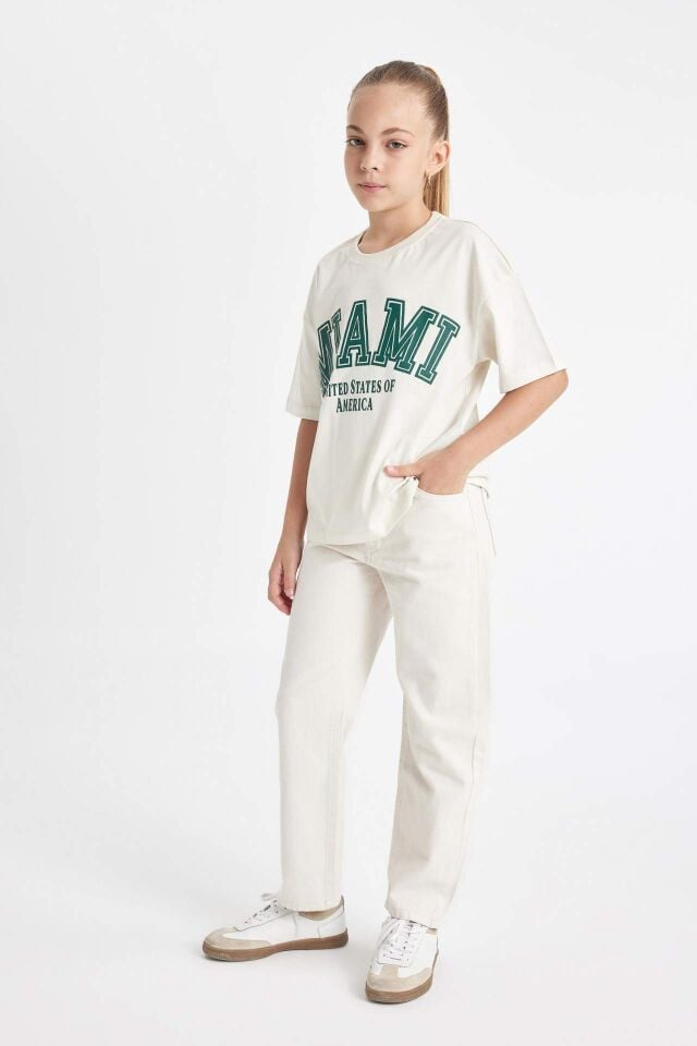 Kız Çocuk Straight Fit Geniş Bol Paça Cepli Pamuklu Bej Pantolon