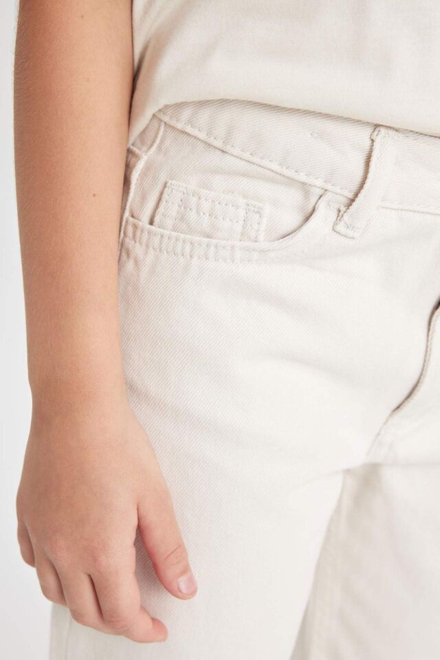 Kız Çocuk Straight Fit Geniş Bol Paça Cepli Pamuklu Bej Pantolon