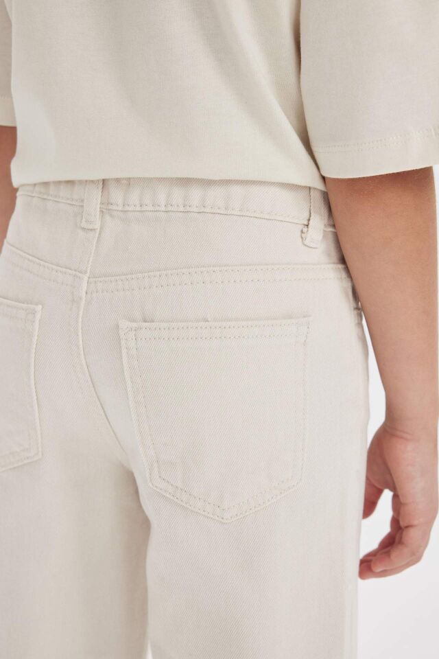 Kız Çocuk Straight Fit Geniş Bol Paça Cepli Pamuklu Bej Pantolon