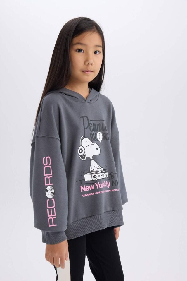 Kız Çocuk Snoopy Oversize Geniş Kalıp Kapüşonlu Sweatshirt