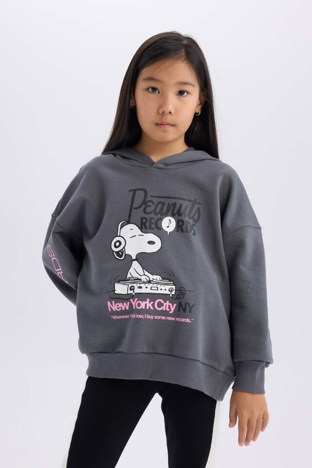 Kız Çocuk Snoopy Oversize Geniş Kalıp Kapüşonlu Sweatshirt