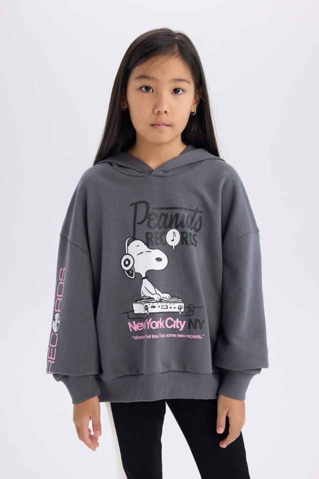 Kız Çocuk Snoopy Oversize Geniş Kalıp Kapüşonlu Sweatshirt