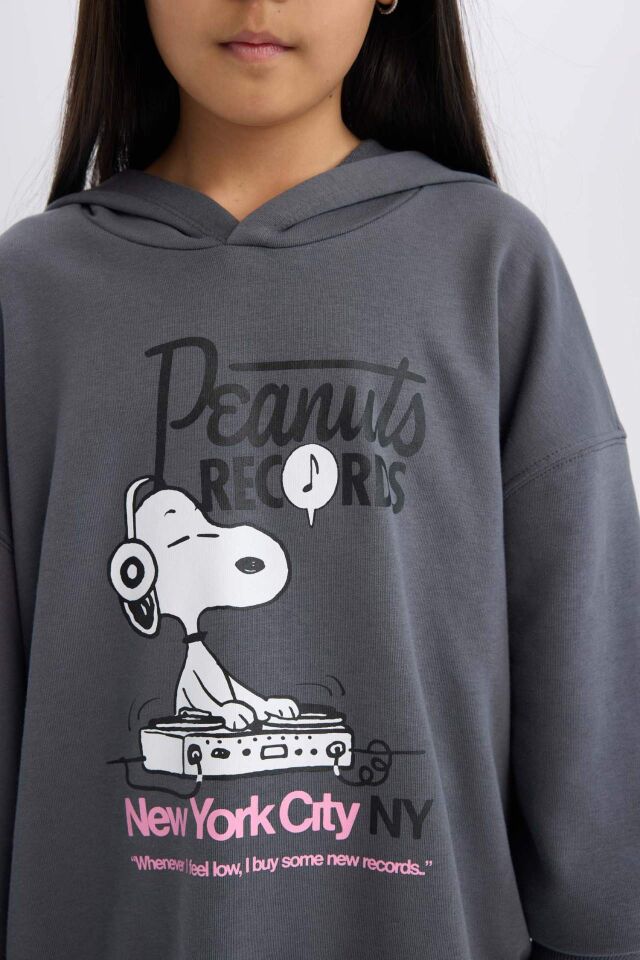 Kız Çocuk Snoopy Oversize Geniş Kalıp Kapüşonlu Sweatshirt