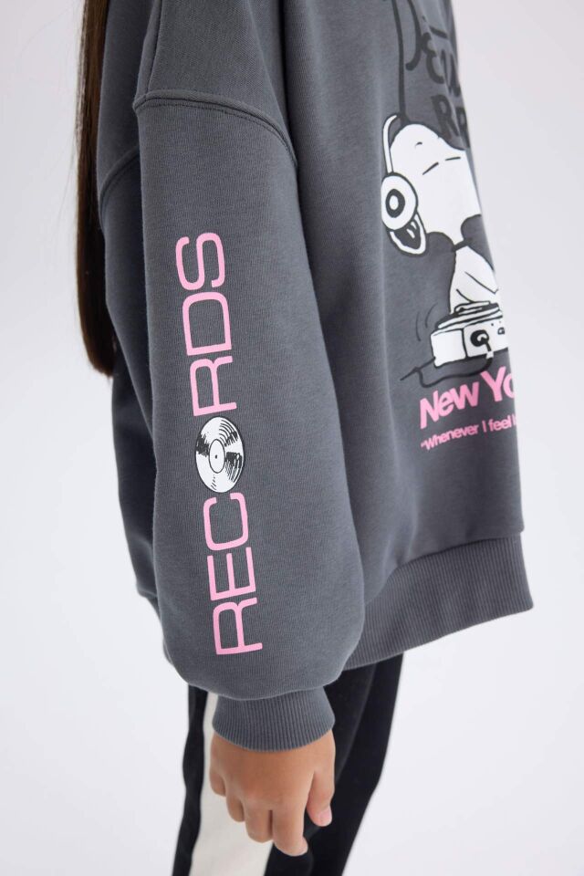 Kız Çocuk Snoopy Oversize Geniş Kalıp Kapüşonlu Sweatshirt