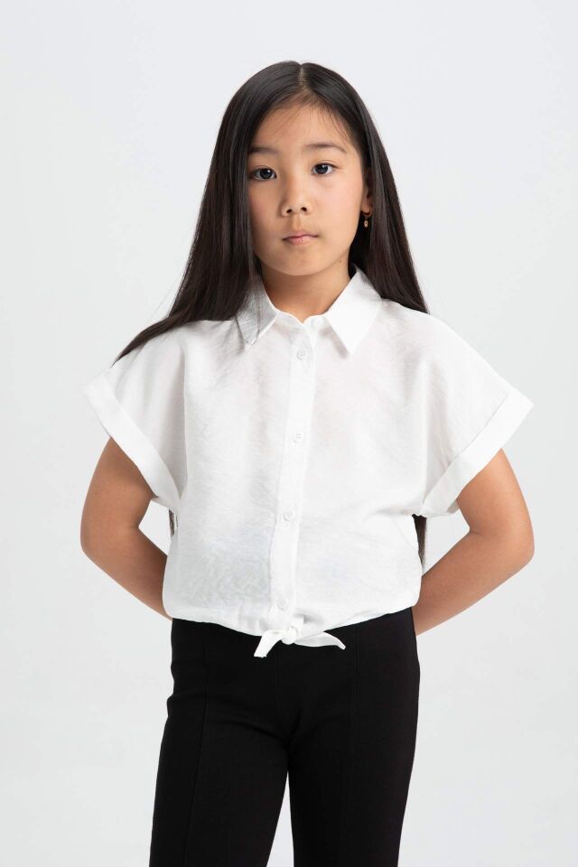 Kız Çocuk Cropped Fit Kısa Kollu Gömlek