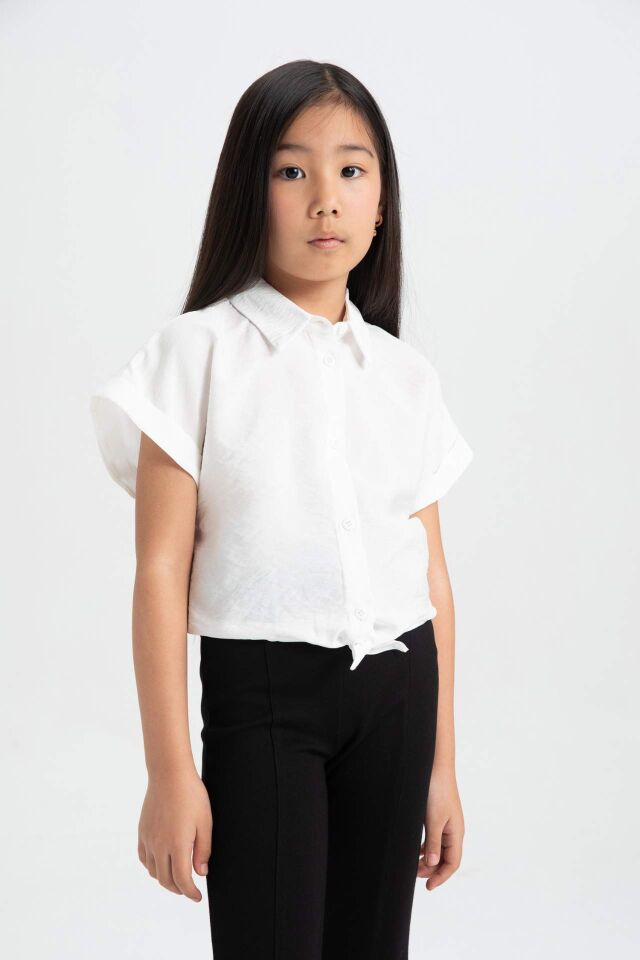 Kız Çocuk Cropped Fit Kısa Kollu Gömlek