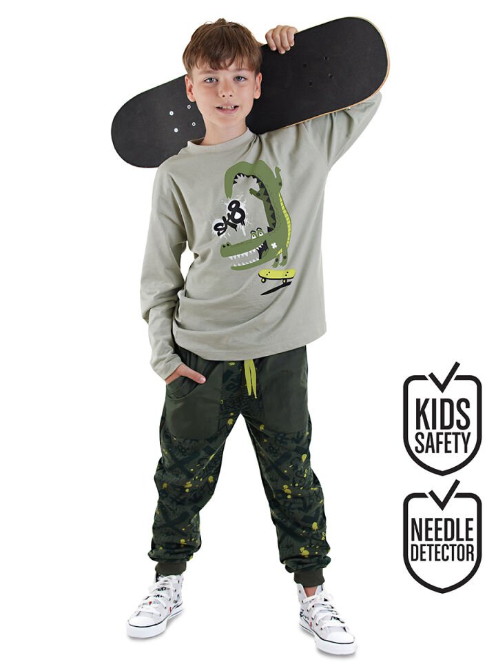 Timsah Oversize Erkek Çocuk T-shirt Pantolon Takım 3 Y - Bej