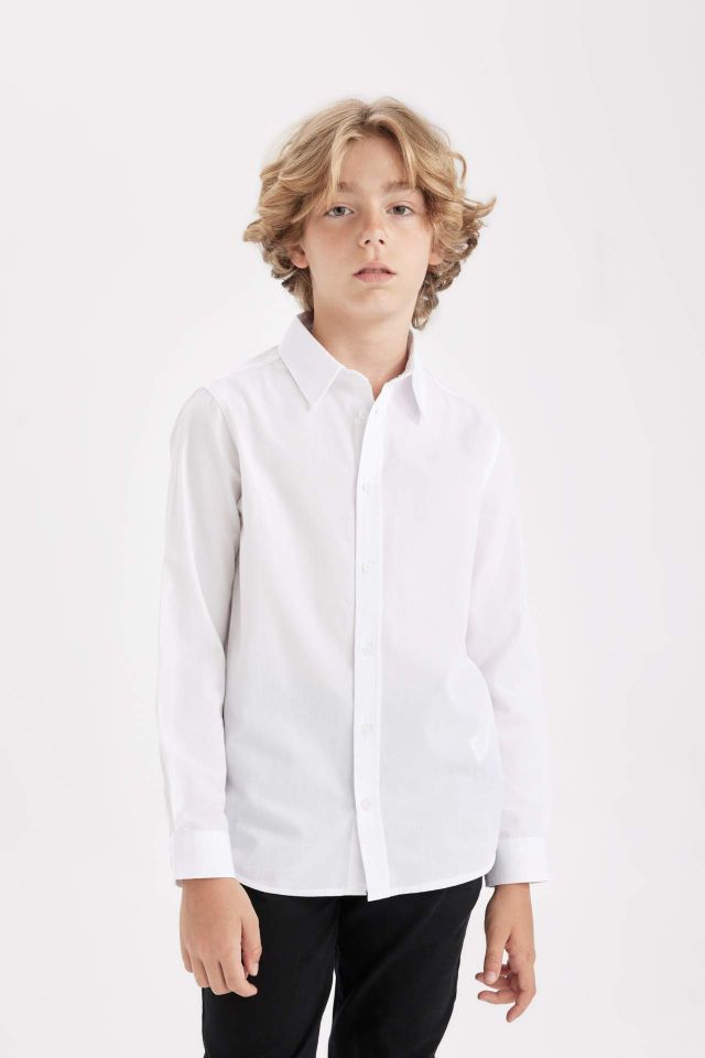 Erkek Çocuk Polo Yaka Poplin Uzun Kollu Basic Düz Beyaz Okul Gömleği 8/9 Yaş