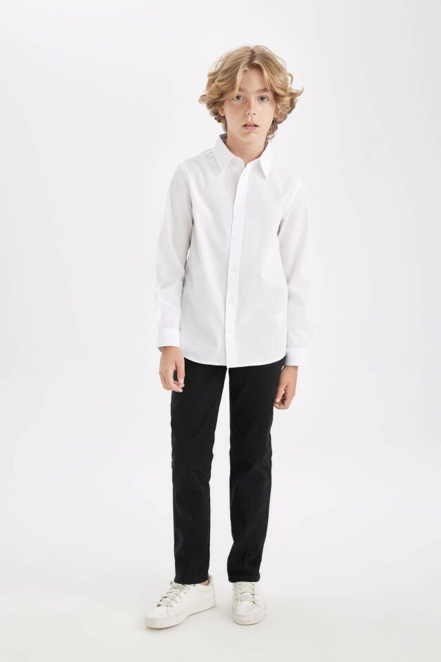 Erkek Çocuk Polo Yaka Poplin Uzun Kollu Basic Düz Beyaz Okul Gömleği 8/9 Yaş