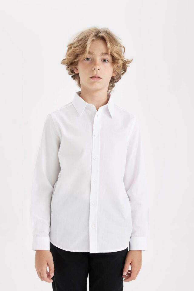 Erkek Çocuk Polo Yaka Poplin Uzun Kollu Basic Düz Beyaz Okul Gömleği 8/9 Yaş