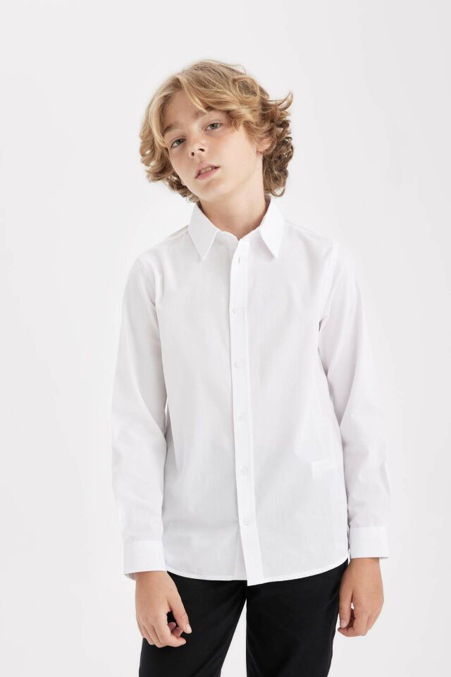 Erkek Çocuk Polo Yaka Poplin Uzun Kollu Basic Düz Beyaz Okul Gömleği 8/9 Yaş