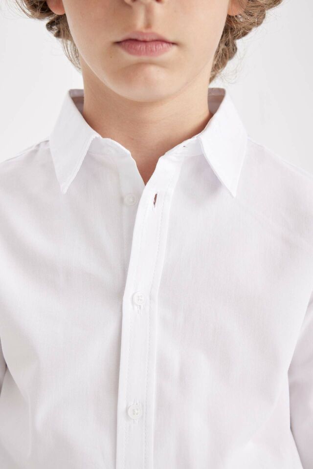 Erkek Çocuk Polo Yaka Poplin Uzun Kollu Basic Düz Beyaz Okul Gömleği 8/9 Yaş