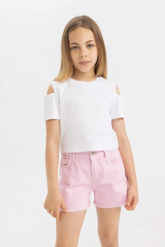 Kız Çocuk Slim Fit Dar Kesim Bisiklet Yaka Basic Düz Ribana Kısa Kollu Tişört
