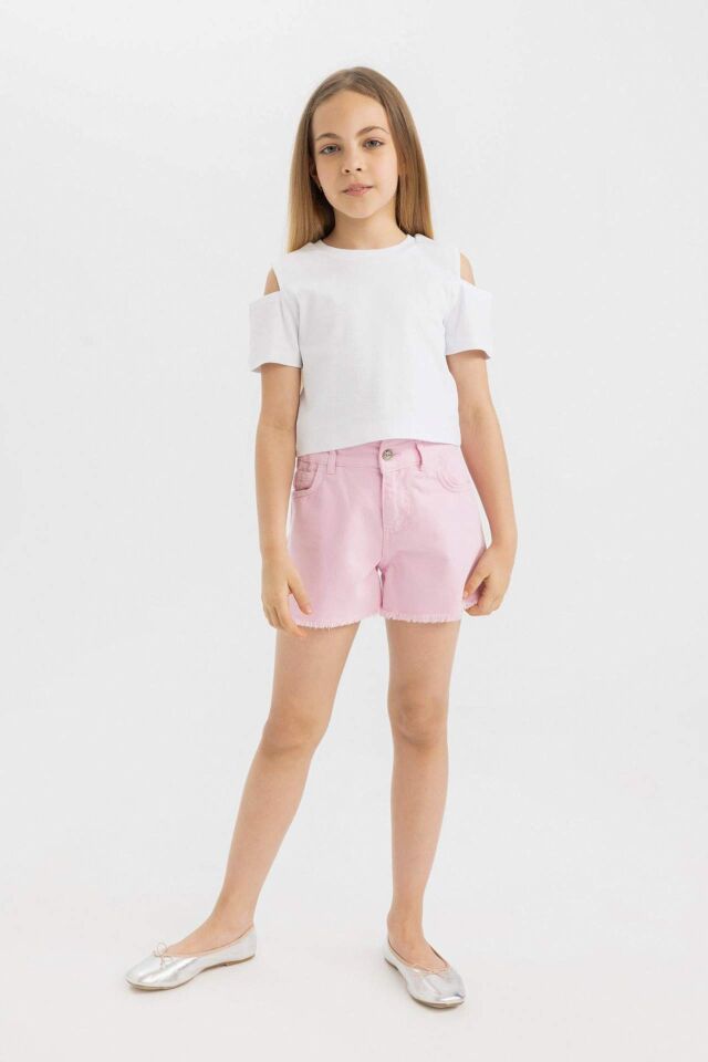 Kız Çocuk Slim Fit Dar Kesim Bisiklet Yaka Basic Düz Ribana Kısa Kollu Tişört