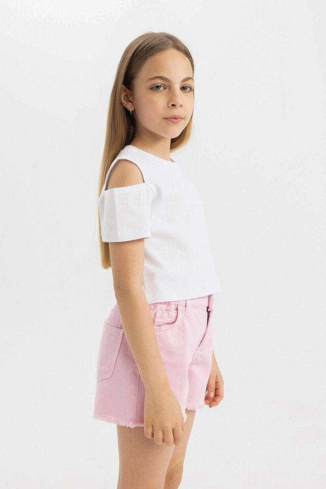 Kız Çocuk Slim Fit Dar Kesim Bisiklet Yaka Basic Düz Ribana Kısa Kollu Tişört