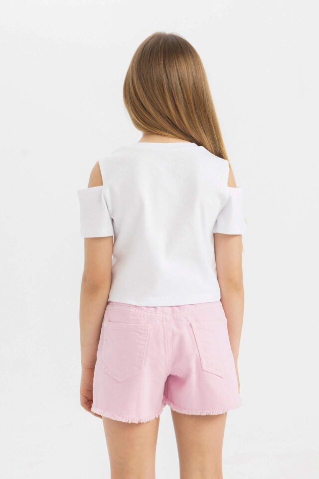 Kız Çocuk Slim Fit Dar Kesim Bisiklet Yaka Basic Düz Ribana Kısa Kollu Tişört