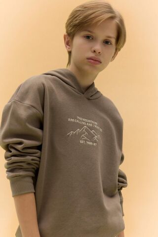 Erkek Çocuk Oversize Geniş Kalıp Baskılı Kapüşonlu Sweatshirt