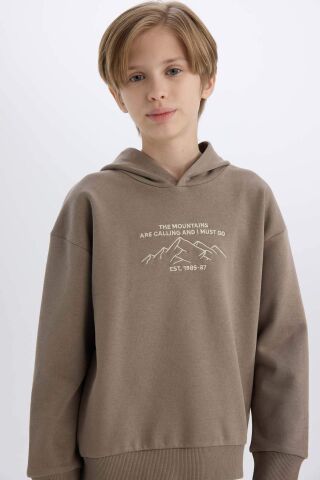 Erkek Çocuk Oversize Geniş Kalıp Baskılı Kapüşonlu Sweatshirt
