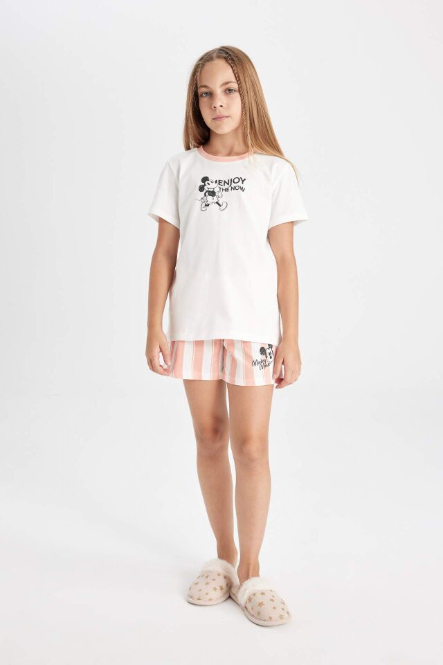 Kız Çocuk Disney Mickey & Minnie Pijama Takımı Kısa Kollu Üst Şort