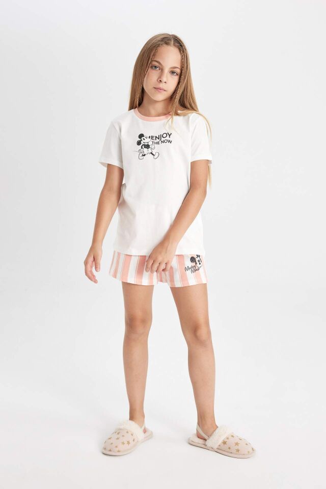 Kız Çocuk Disney Mickey & Minnie Pijama Takımı Kısa Kollu Üst Şort