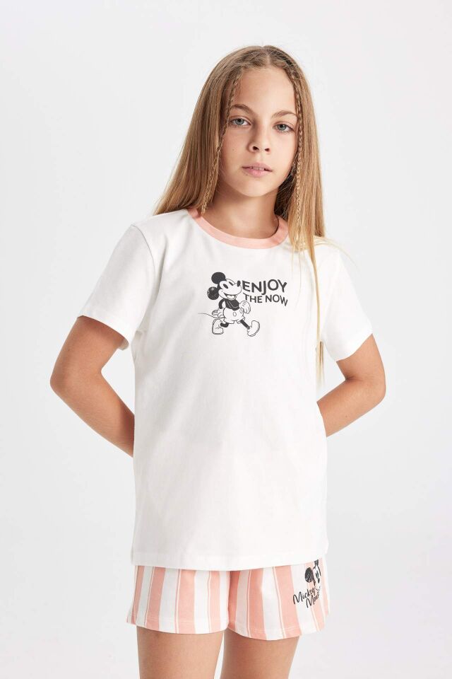 Kız Çocuk Disney Mickey & Minnie Pijama Takımı Kısa Kollu Üst Şort