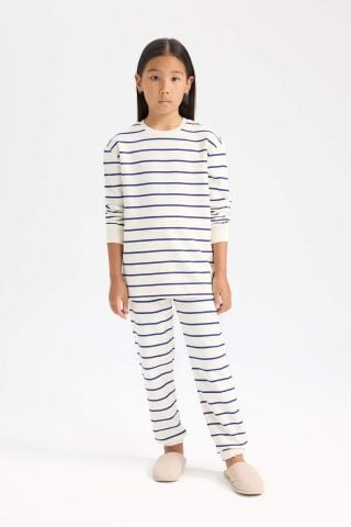 Kız Çocuk Pijama Takım Çizgili Uzun Kollu Üst Beli Lastikli Uzun Alt
