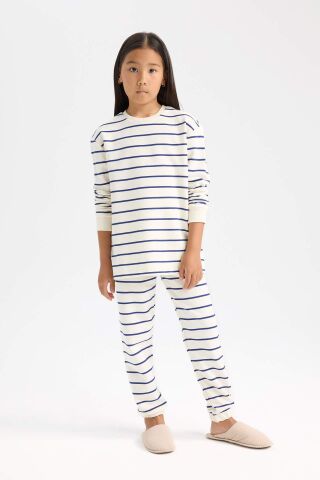 Kız Çocuk Pijama Takım Çizgili Uzun Kollu Üst Beli Lastikli Uzun Alt