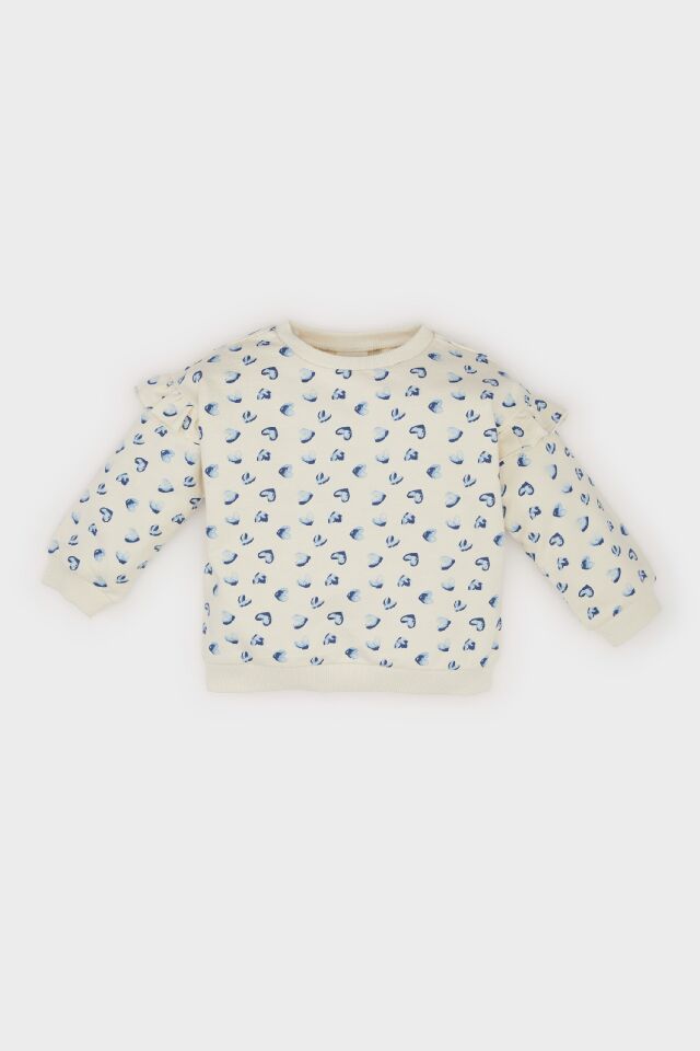 Kız Bebek Bisiklet Yaka Kalp Desenli Sweatshirt