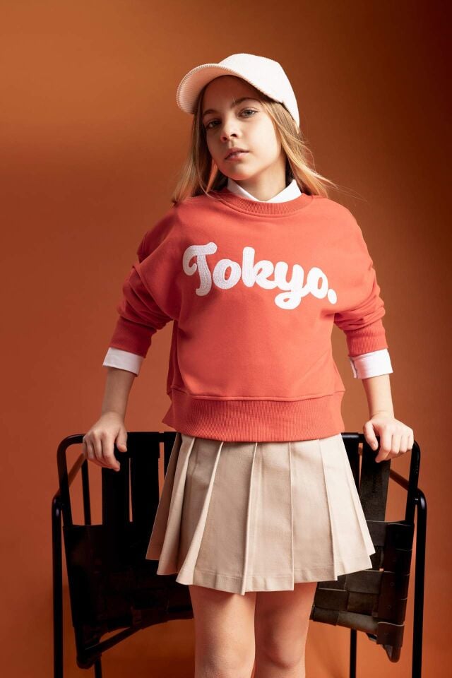 Kız Çocuk Crop Bisiklet Yaka Baskılı Sweatshirt