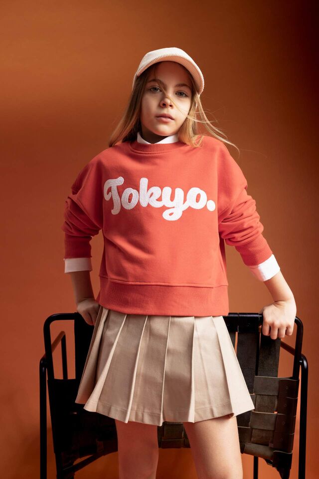 Kız Çocuk Crop Bisiklet Yaka Baskılı Sweatshirt