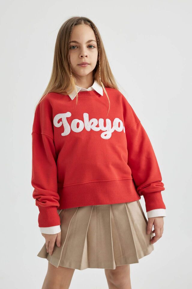 Kız Çocuk Crop Bisiklet Yaka Baskılı Sweatshirt