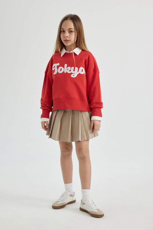 Kız Çocuk Crop Bisiklet Yaka Baskılı Sweatshirt