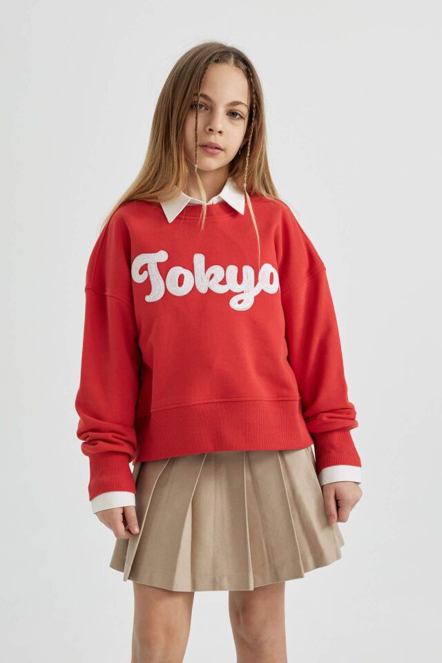 Kız Çocuk Crop Bisiklet Yaka Baskılı Sweatshirt