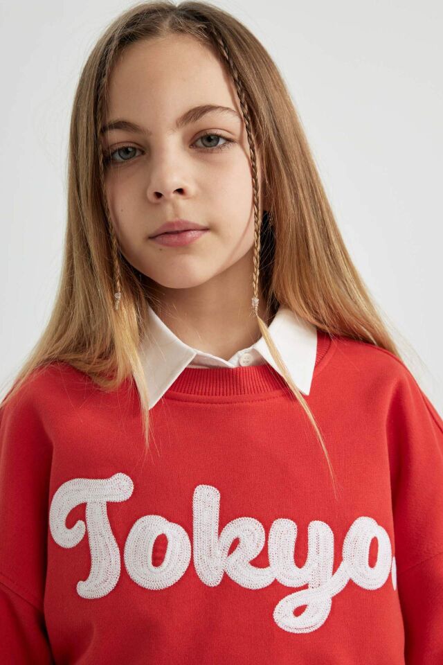 Kız Çocuk Crop Bisiklet Yaka Baskılı Sweatshirt